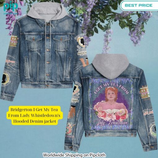 bridgerton i get my tea from lady whistledowns hooded denim jacket 4