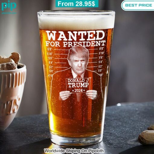 wanted for president 2024 donald trump beer glass 1