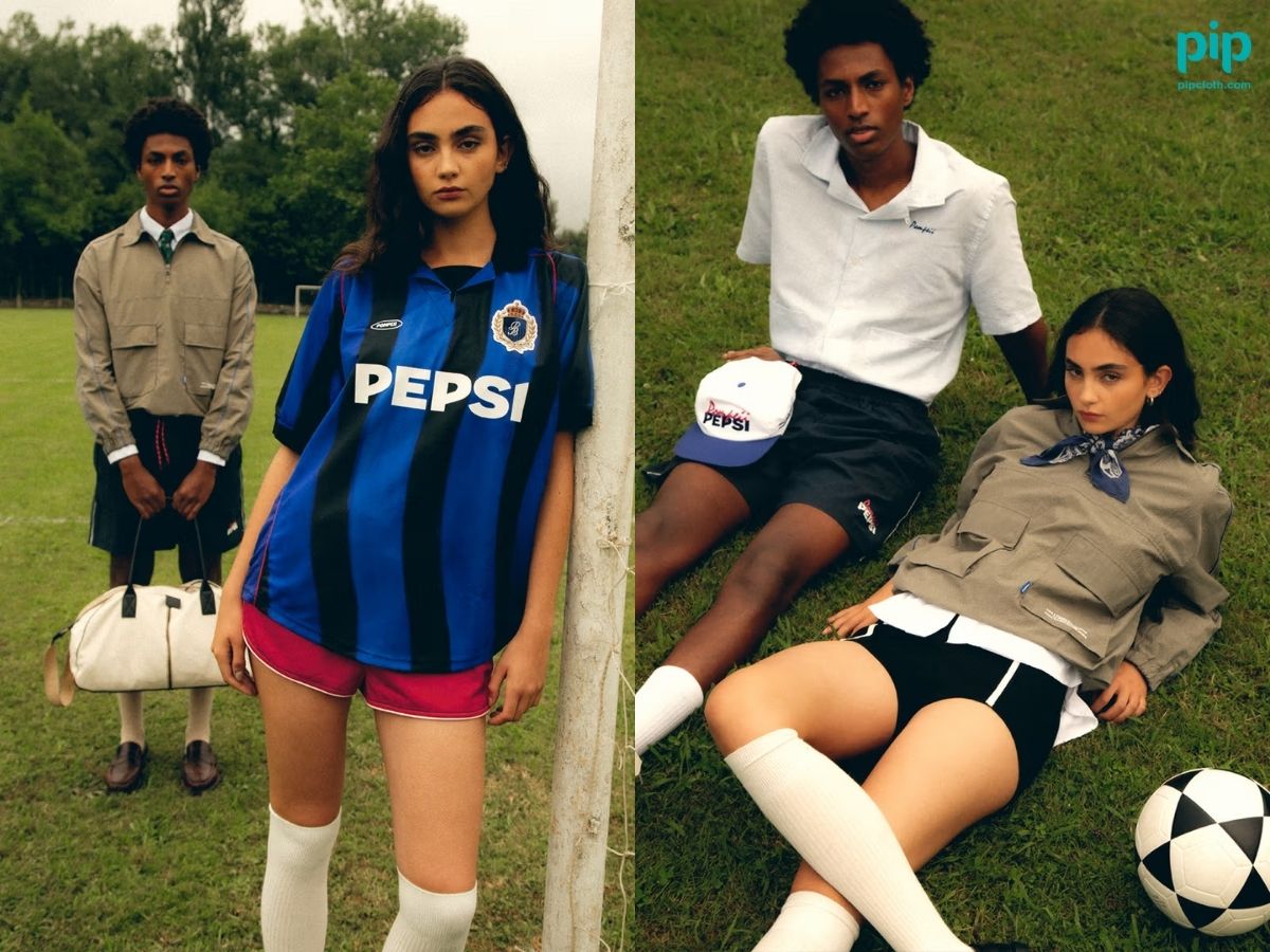 The collection perfectly captures the essence of pre season training, combining Pepsi's iconic branding with Pompeii's contemporary fashion aesthetic